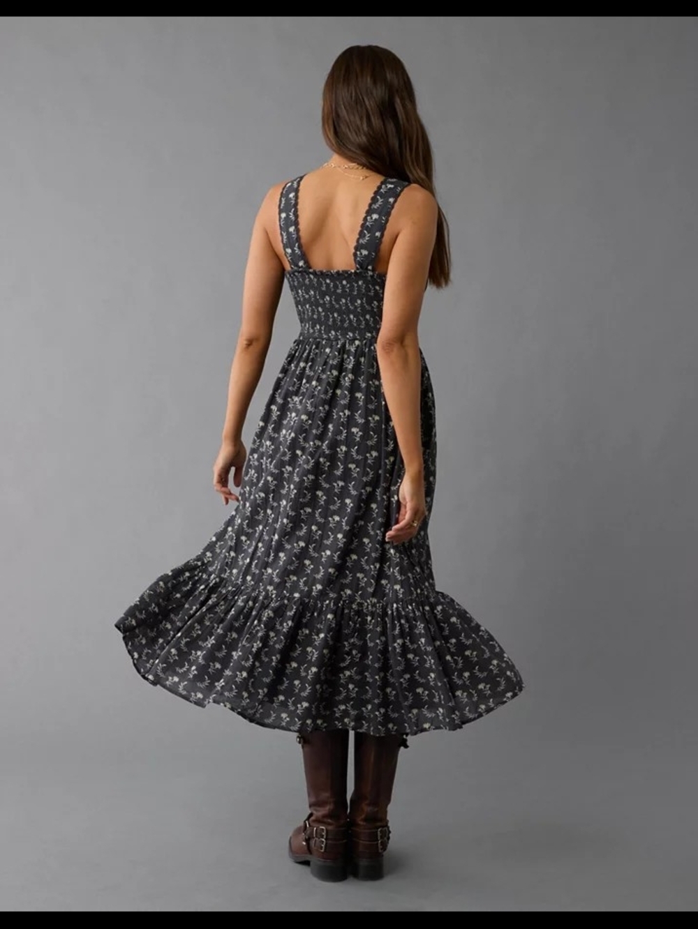 American Eagle Corset Floral Tie-Front Midi Dress in Dark Blue - Picture 6 of 10